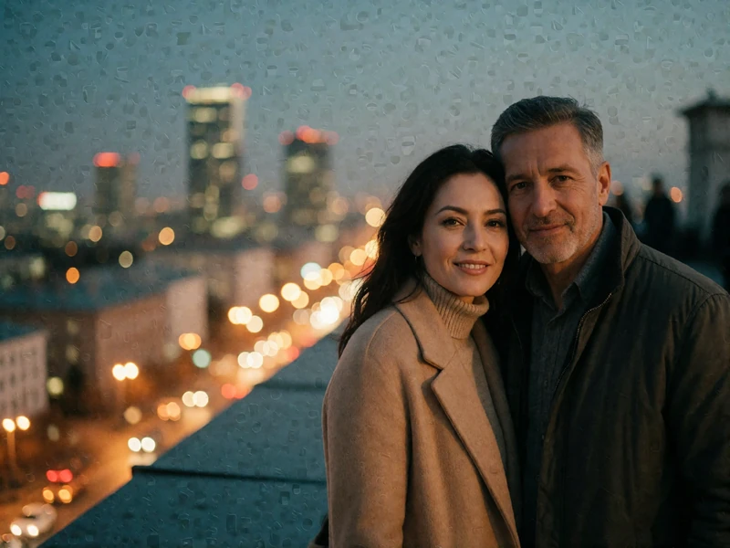 Couple in their forties standing close together on a rooftop terrace at blue hour