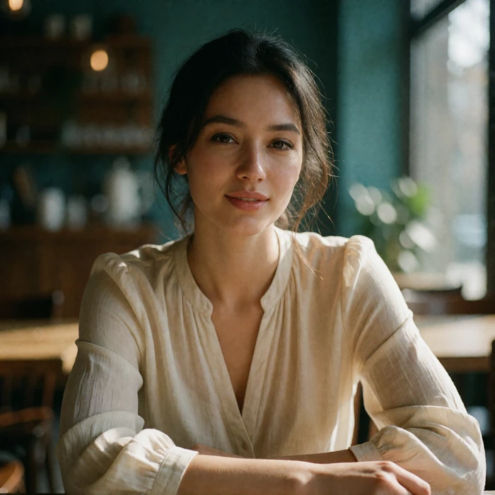 Kazakh woman in her late twenties smiling gently at a sunlit café table