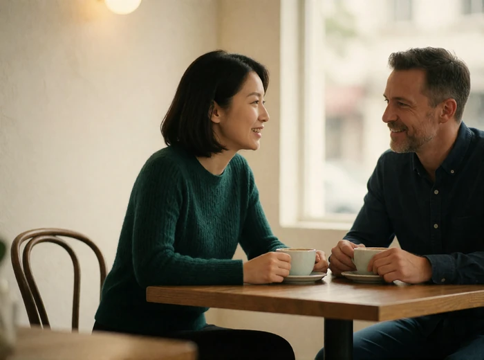Taiwanese woman and Western man in relaxed conversation at a small wooden cafe table