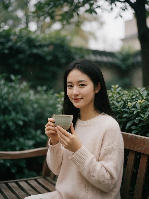 Thai woman in a muted sage cardigan glancing thoughtfully off-camera, an example EasternSingles member profile photo