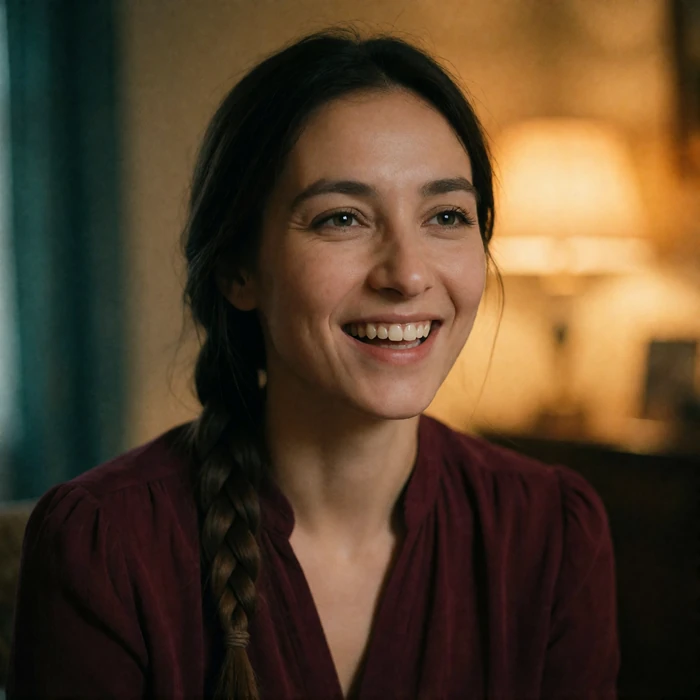 Kyrgyz woman in her thirties laughing gently in warm interior lamplight