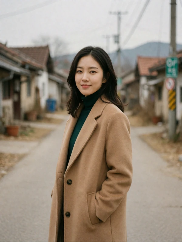 Korean woman in her late twenties in a camel coat on a quiet village lane