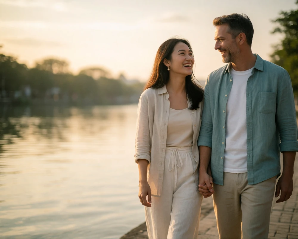 Thai woman and Western man laughing together while walking along a calm riverside promenade at golden hour