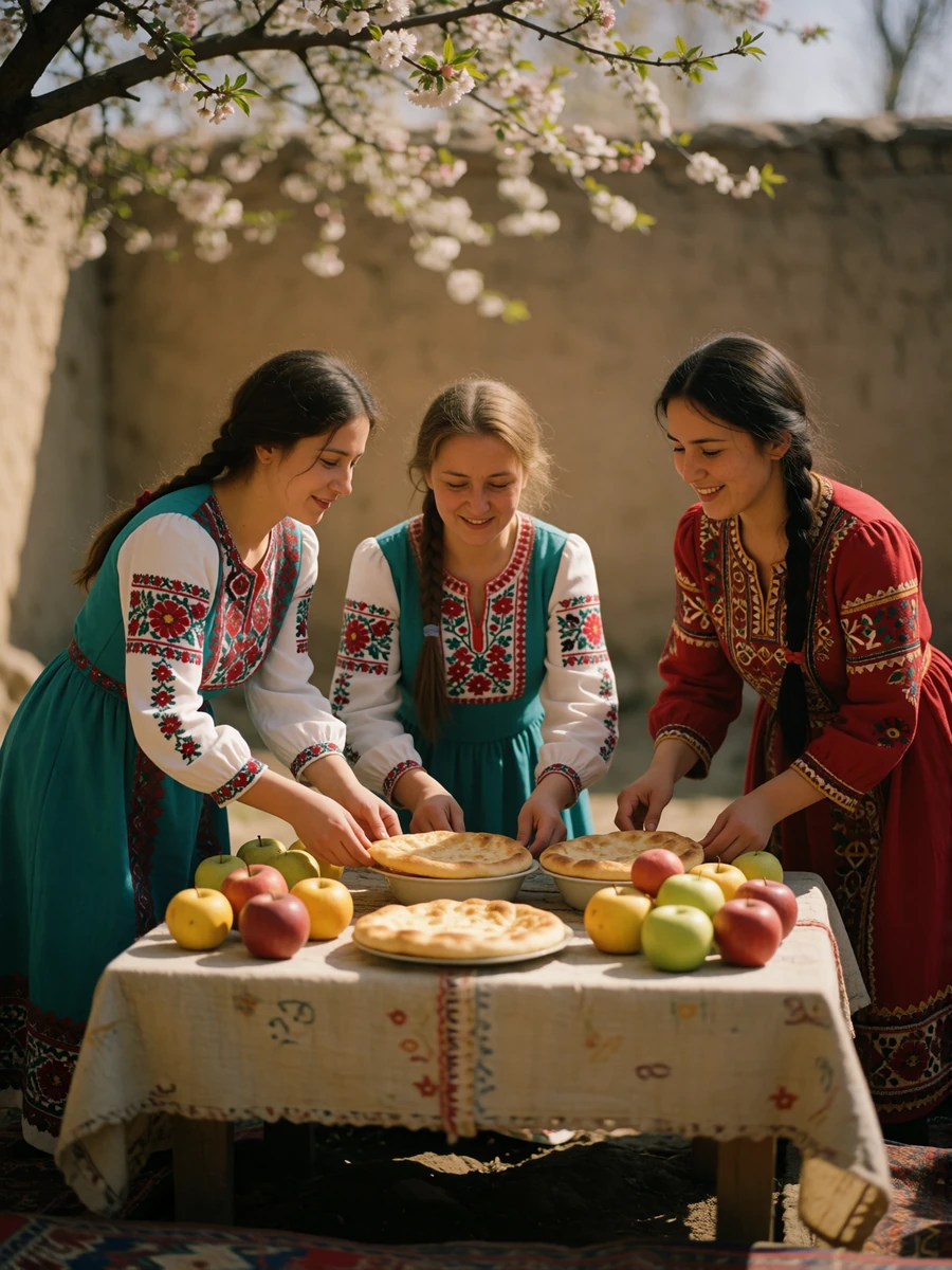 Three generations of Tajik women in colourful embroidered dresses arranging fruit and flatbread for a family celebration