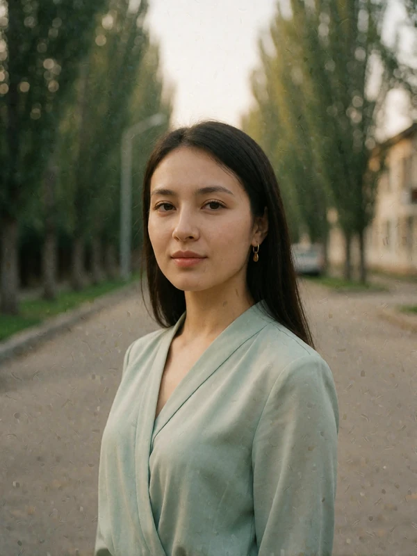 Kyrgyz woman in her late twenties wearing a pale sage blouse on a quiet tree-lined avenue