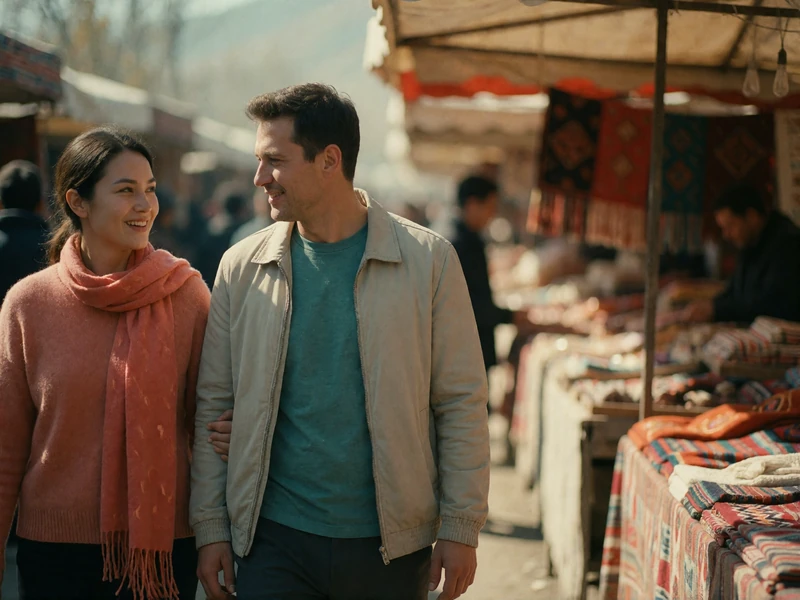Kyrgyz woman in a coral scarf walking beside a Western man through an open-air market lane