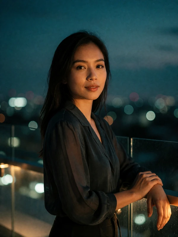 Filipina woman in an elegant dark evening blouse on a rooftop terrace at blue hour