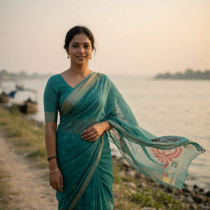 Bangladeshi woman in her early thirties on a quiet riverside path in a flowing modest sari at late afternoon