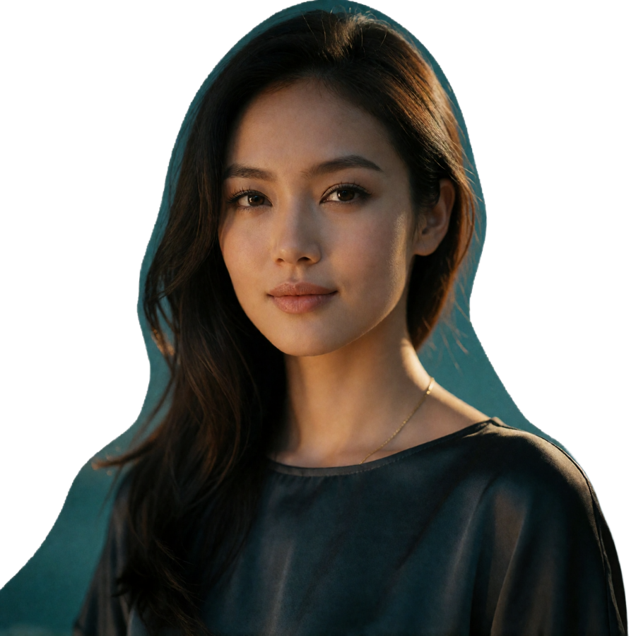 Thai woman in her early thirties with a composed confident smile lit by warm evening light