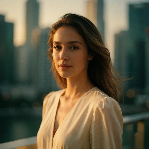 Singaporean woman in a cream dress smiling warmly on an open-air terrace at golden hour