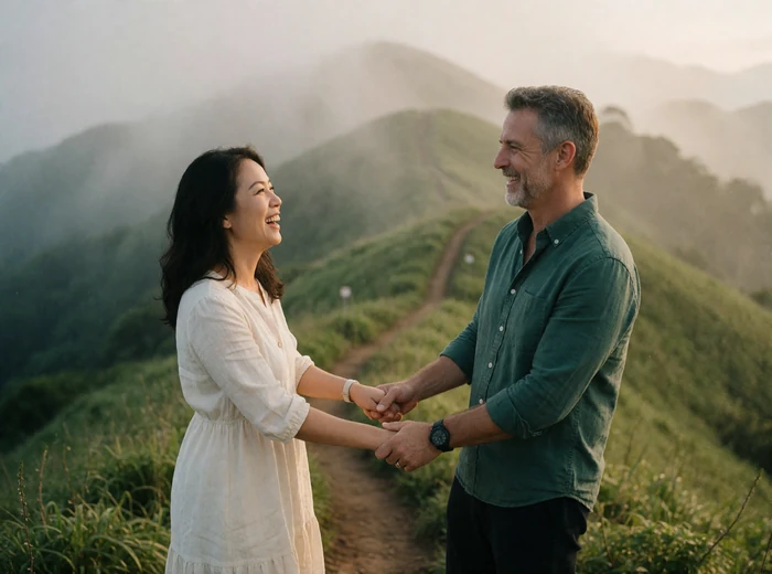Taiwanese woman and Western man holding hands laughing on a misty green mountain trail