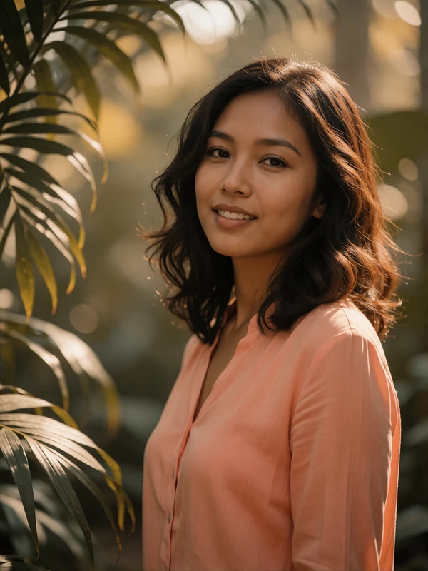 Filipina woman in a coral blouse smiling among tropical garden foliage in dappled light