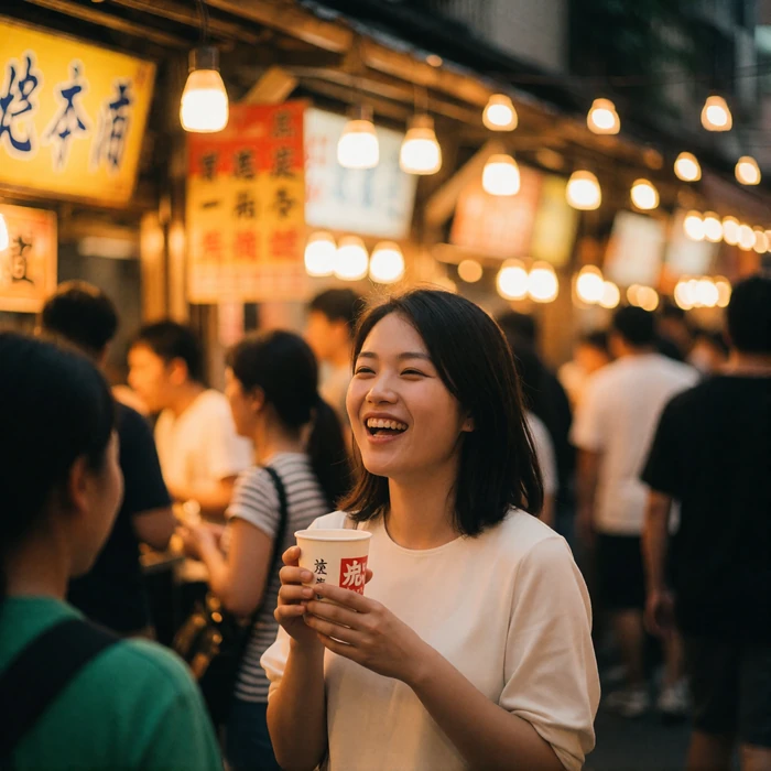 Taiwanese woman laughing at a lively evening night market street food lane in Taiwan