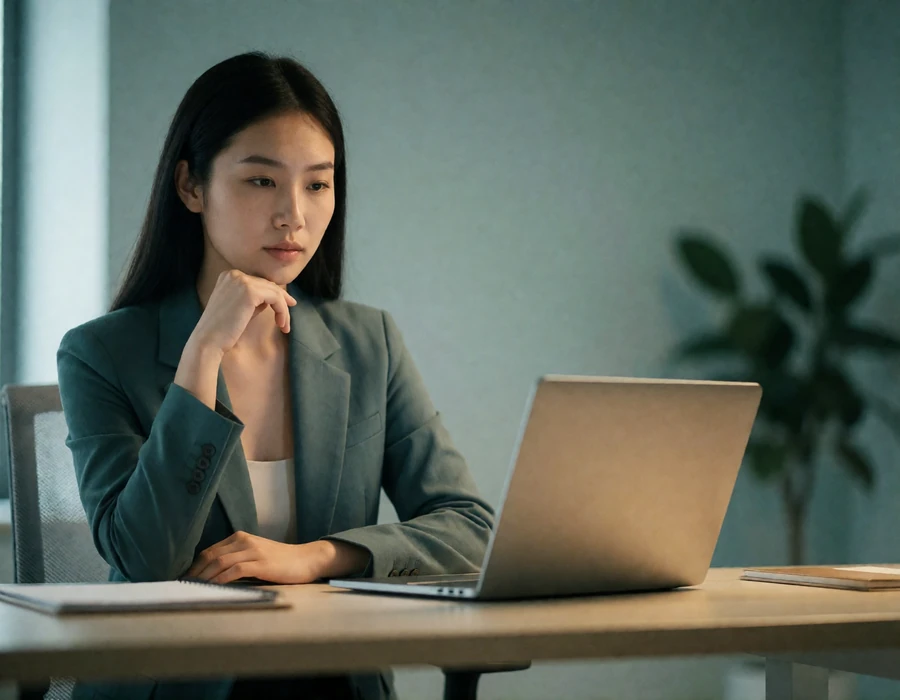 Asian woman in a slate blazer reviewing a member profile at a tidy modern desk with calm, focused attention