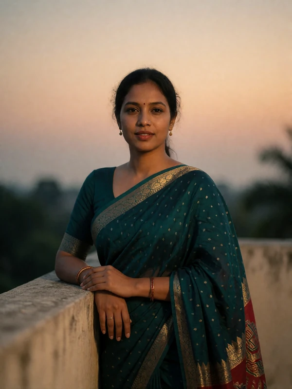 Bangladeshi woman in a deep-toned sari standing on a terrace at soft dusk light
