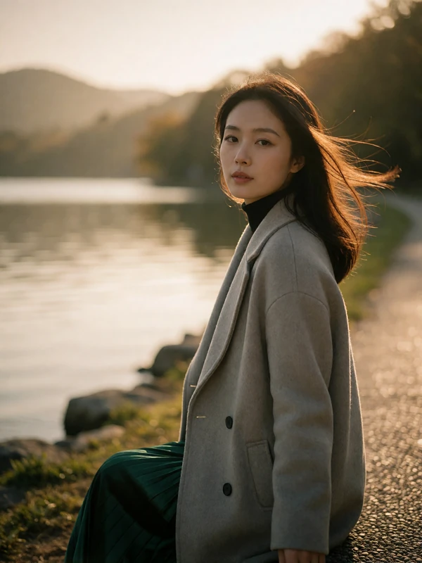 Chinese woman in a soft grey coat walking beside a calm lakeside path