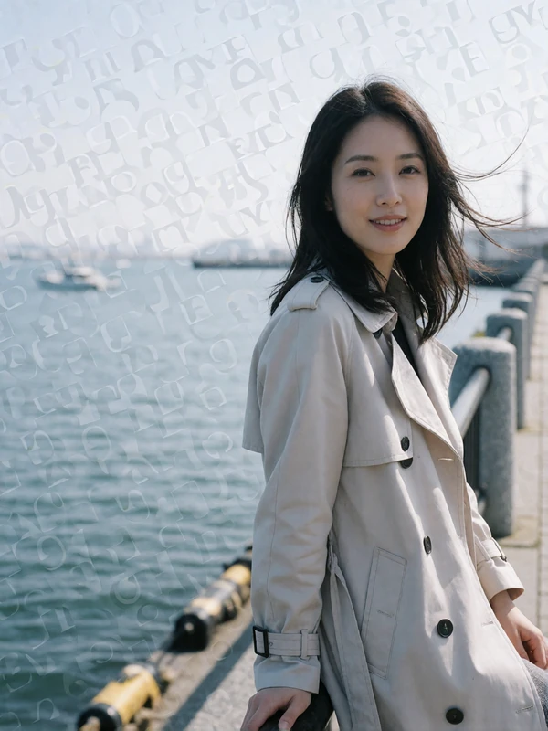 Japanese woman in a pale trench coat standing near a Yokohama waterfront promenade railing