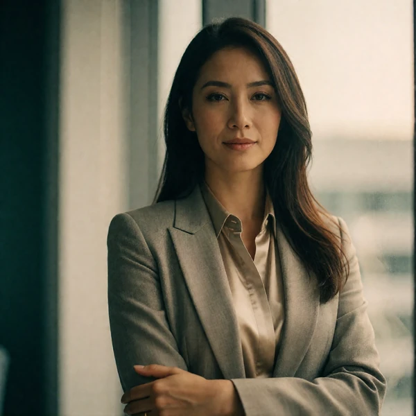 Malaysian woman in tailored neutral office attire standing near a window in a modern interior
