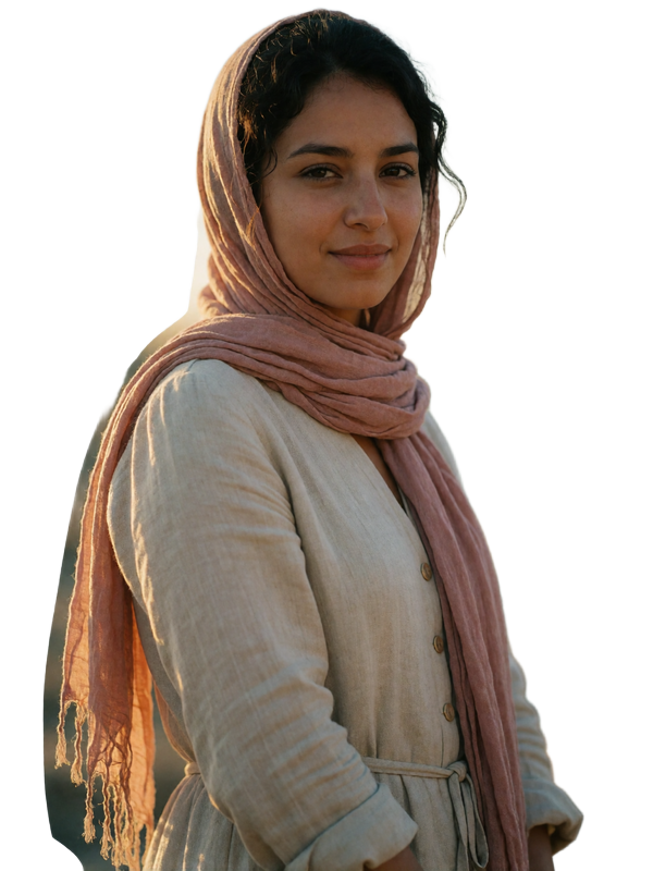Yemeni woman in her late twenties wearing a dusty-rose headscarf and linen dress, an example EasternSingles member profile photo