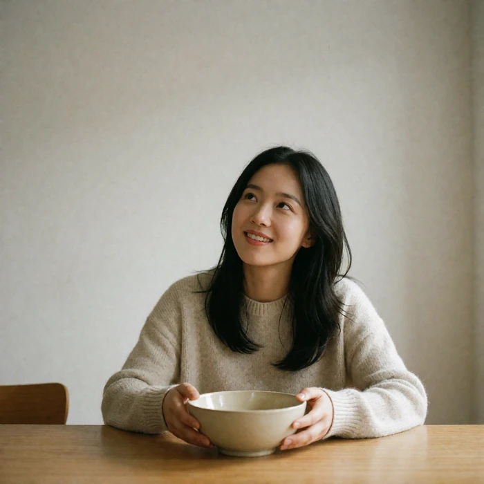 Korean woman in an oatmeal sweater setting bowls onto a wooden dining table in a bright kitchen