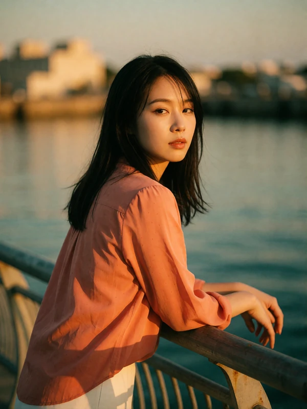 Taiwanese woman in a coral blouse at the Kaohsiung waterfront during golden-hour sunset