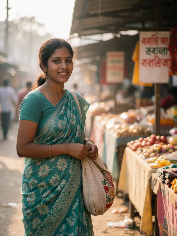 Bangladeshi woman in a modest sari walking through an airy open-air market lane in morning light