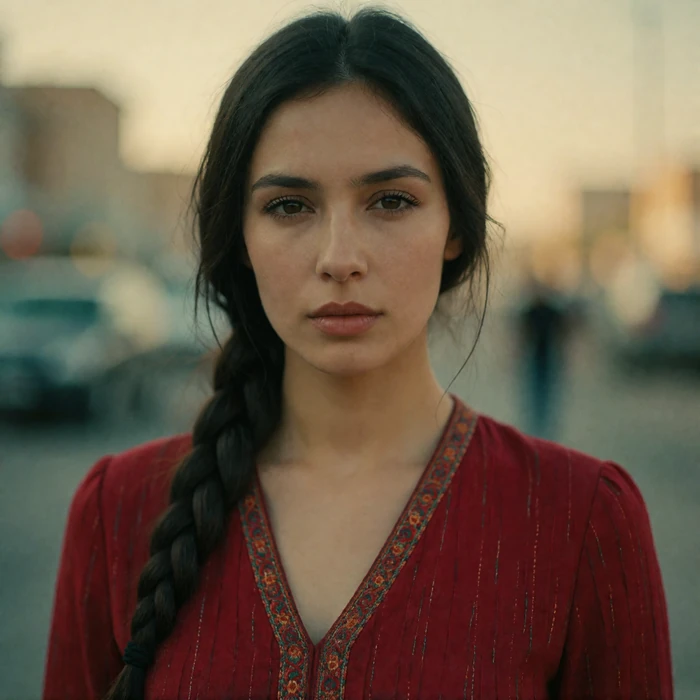 Turkmen woman in a deep red dress with traditional woven trim, looking directly at the camera