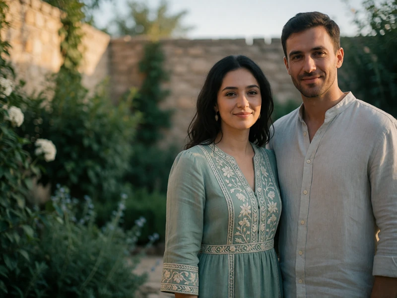 Tajik woman in an embroidered sage dress and a Western man smiling together in a walled garden