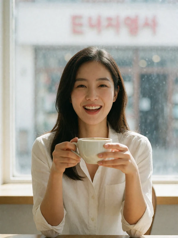 Korean woman in her early thirties in a white shirt seated at a bright cafe window