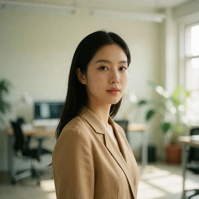 Korean woman in her late twenties in a light modern workspace, a verified EasternSingles member