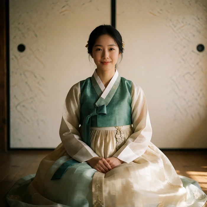 Korean woman in a hanbok seated on a wooden floor in a quiet traditional room