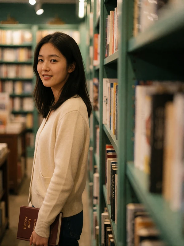 Korean woman in a cream cardigan holding a book in a quiet bookshop aisle, glancing at the camera