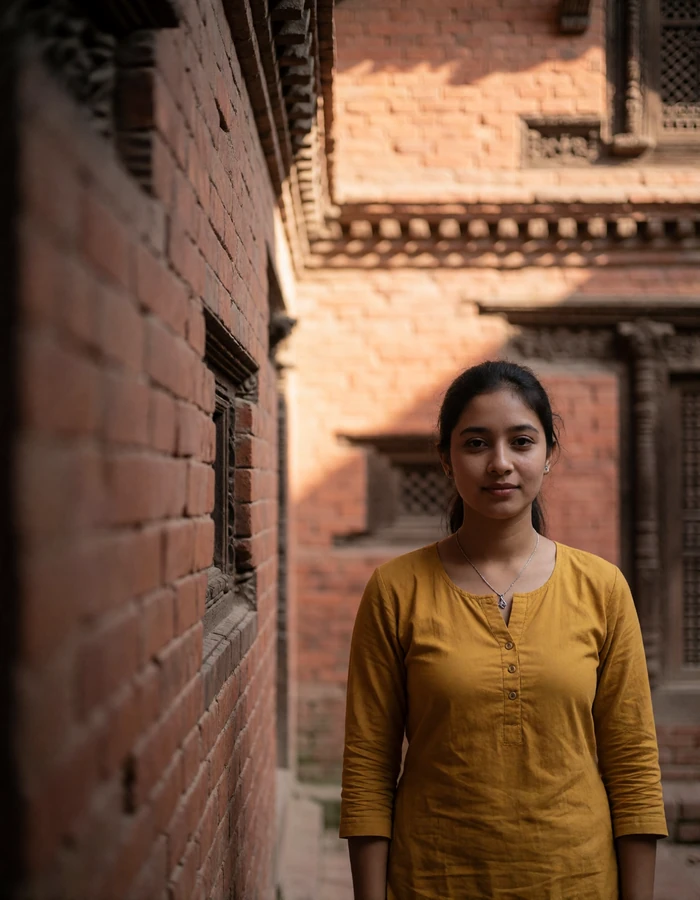 Nepali woman in a mustard cotton kurta standing in a traditional brick courtyard with carved timber windows