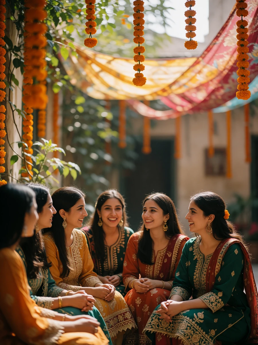 Group of Pakistani women in richly embroidered traditional dress sharing a joyful family moment in a sunlit courtyard