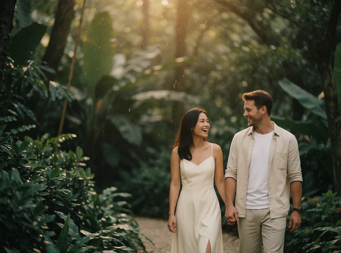 Singaporean woman and Western man walking together and laughing along a lush garden path in soft morning light