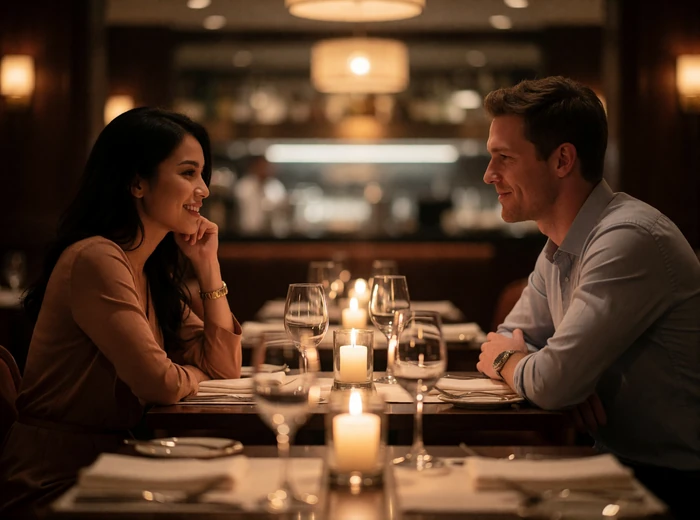 Malaysian woman and Western man seated across a small table in an upscale restaurant, leaning toward each other