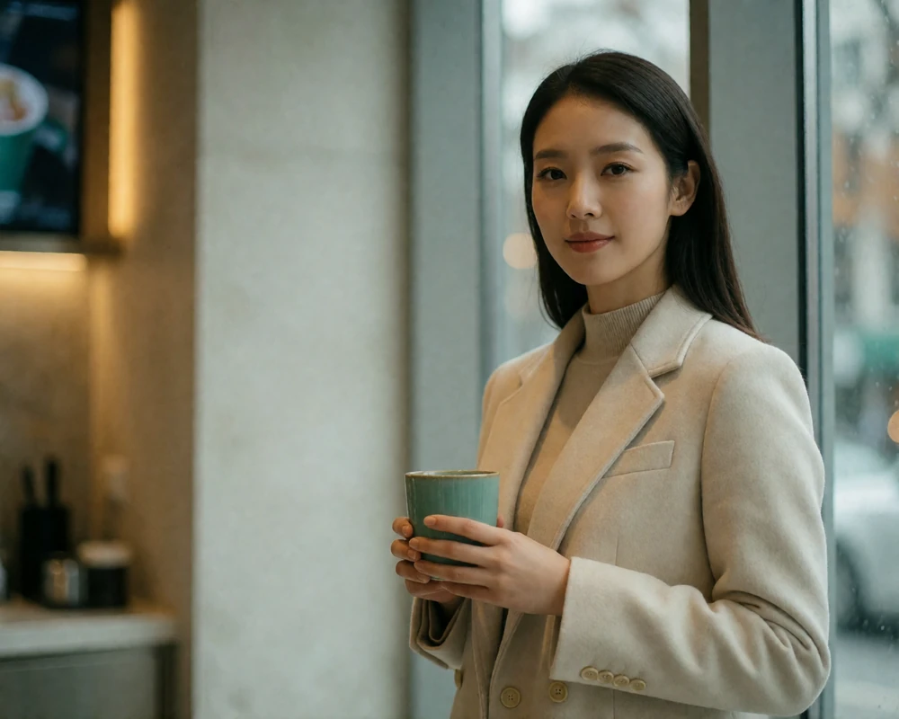 A poised Korean woman in a tailored cream coat standing beside a window in a modern Seoul cafe, holding a ceramic cup