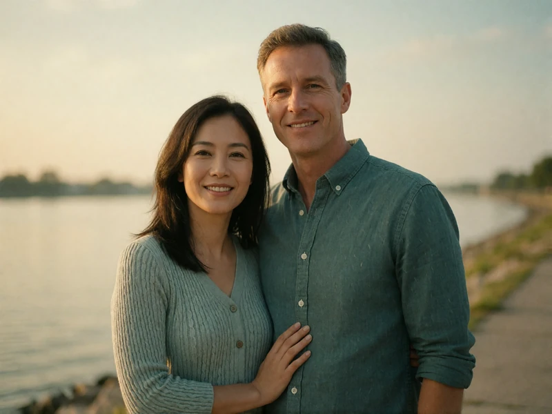 Vietnamese woman and Western man standing close together on a quiet riverside promenade in late-afternoon light