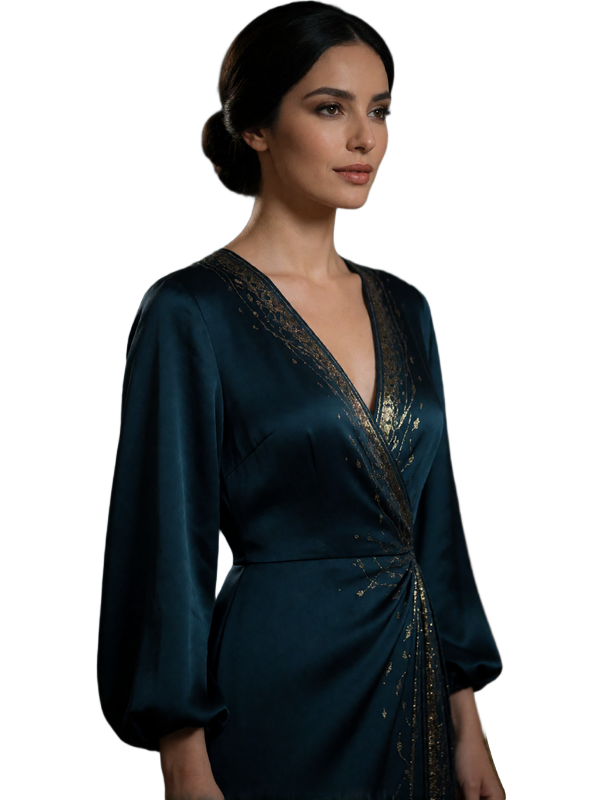Jordanian woman in a midnight-teal evening dress with a serene half-smile