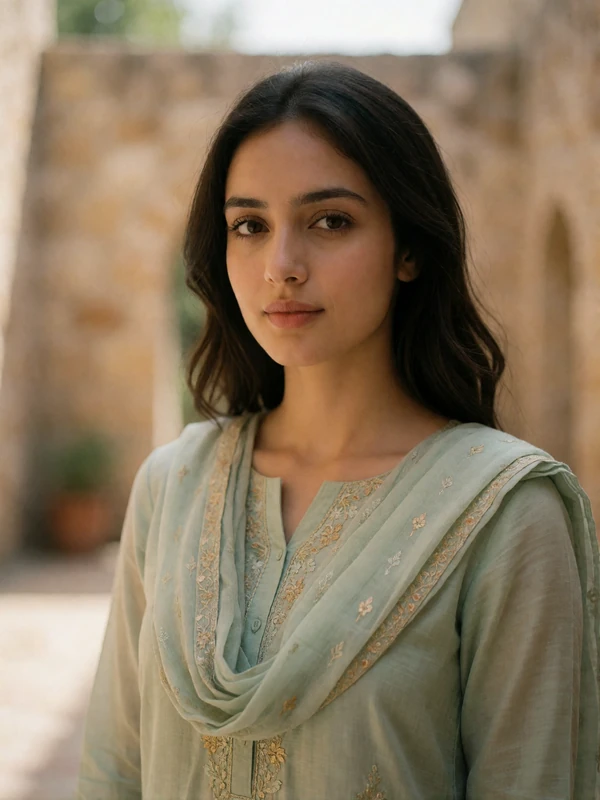 Pakistani woman in her mid twenties in a pale modest kurta, an example EasternSingles member profile photo