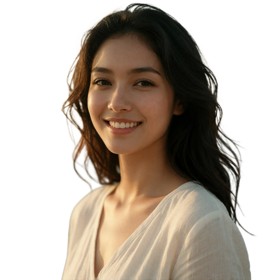 Indonesian woman in her mid twenties smiling warmly in soft coastal morning light