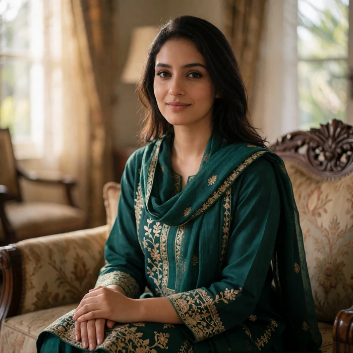 Pakistani woman in her early thirties in a modest embroidered shalwar kameez smiling calmly in a warm living room