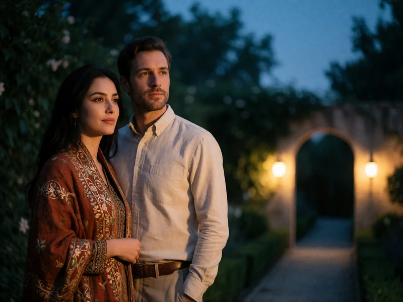 Afghan woman and Western man standing together in a walled garden at dusk with warm lamp light