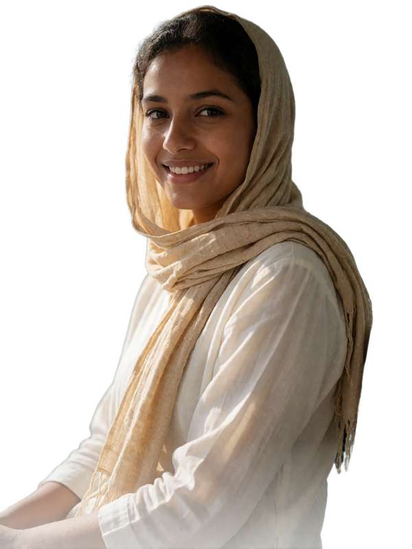 Yemeni woman in a light sand-toned headscarf and white tunic smiling brightly