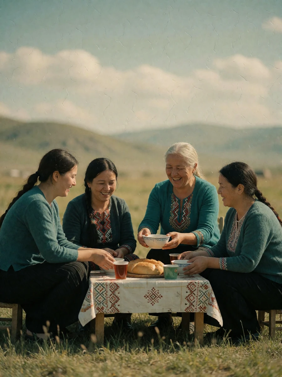 Four generations of Kyrgyz women sharing tea and bread together outdoors beneath an open sky