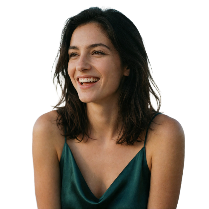Armenian woman in a deep emerald silk top laughing lightly during conversation
