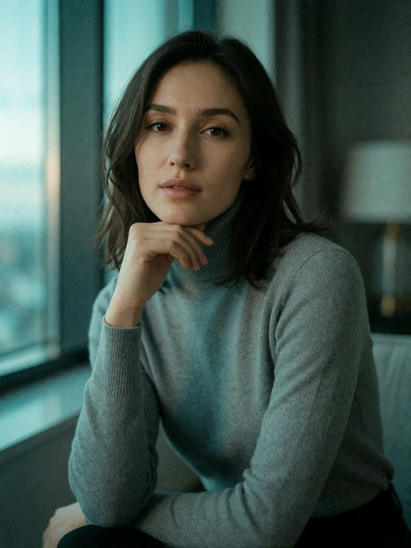 Kazakh woman in a soft grey turtleneck seated near a window with a calm gaze