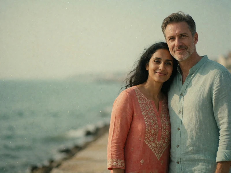 Indian woman in a coral tunic leaning gently toward a Western man on a quiet seafront promenade