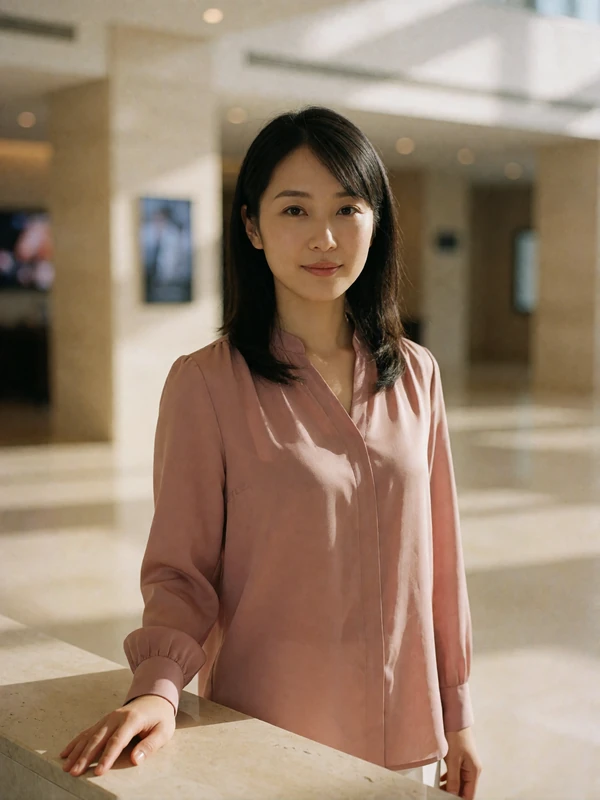 Thai woman in a warm amber top with a calm closed-lip smile, an example EasternSingles member profile photo