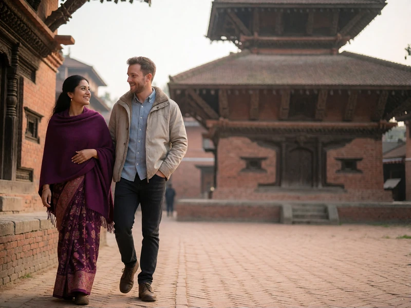 Nepali woman in a plum shawl and Western man walking together through an old brick temple square in soft morning light